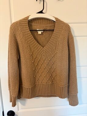 Maeve Camel Cable Knit V-Neck Sweater